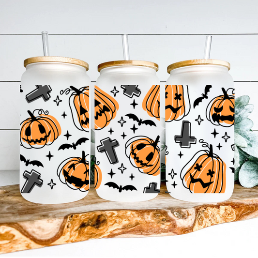 Spooky Pumpkin Frosted Glass Can